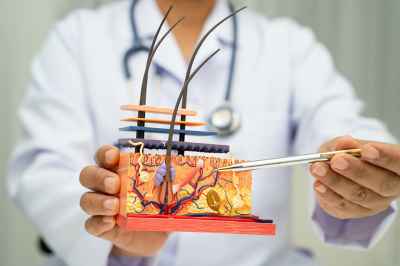 © kanruthai - stock.adobe.com Arzt zeigt mit Kugelschreiber auf Modell von Haarwurzel